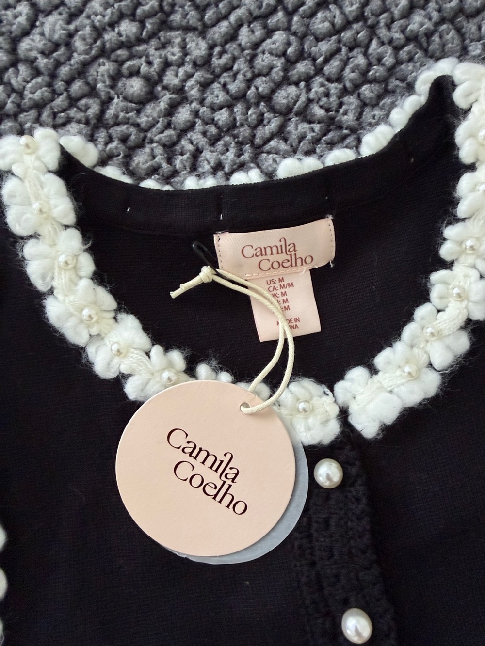 Camila Coelho Black Knit Tank with Cream Floral Trim and Pearl Buttons NWT - Picture 2 of 5